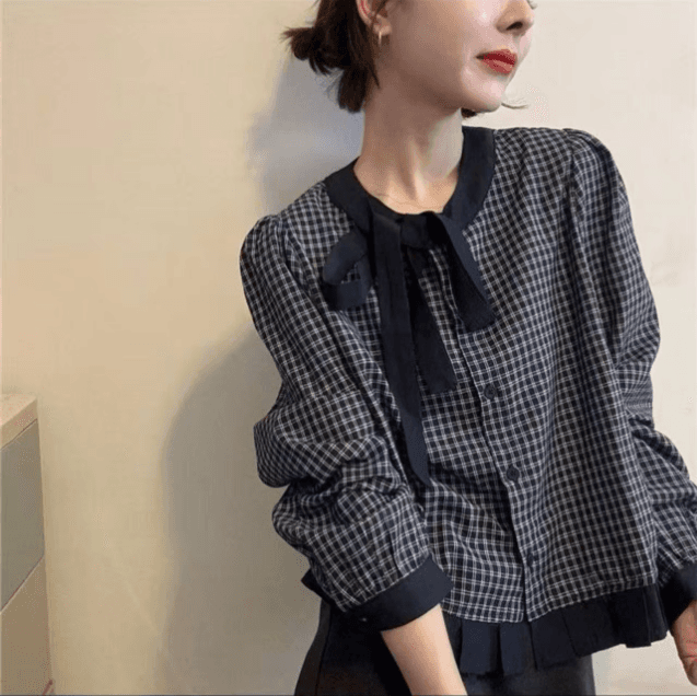 가을 의상 새로운 프랑스식 레트로 스타일 레이스업 나비 넥타이 격자 무늬 셔츠 디자인 센스 외국 가스 연령 감소 맨위 상세 이미지 3