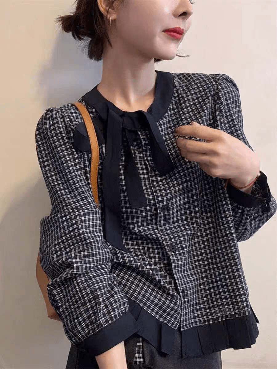 가을 의상 새로운 프랑스식 레트로 스타일 레이스업 나비 넥타이 격자 무늬 셔츠 디자인 센스 외국 가스 연령 감소 맨위 상세 이미지 5