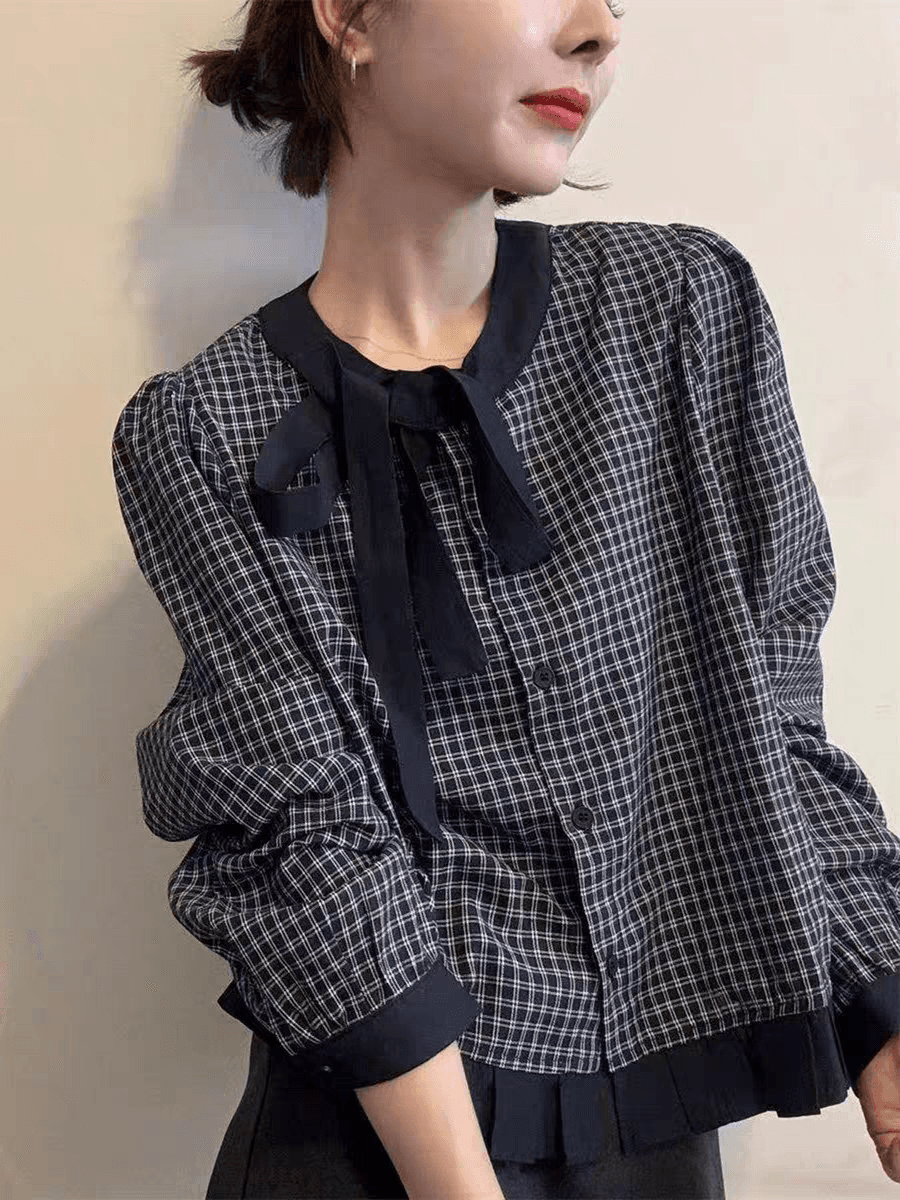 가을 의상 새로운 프랑스식 레트로 스타일 레이스업 나비 넥타이 격자 무늬 셔츠 디자인 센스 외국 가스 연령 감소 맨위 상세 이미지 6