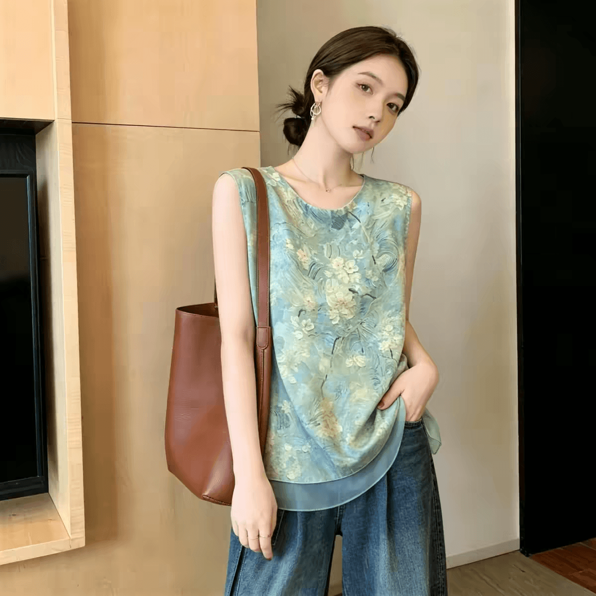 여름 새로운 새로운 중식 유화 프린트 민소매 조끼 라운드 넥 루즈핏 페이크 레이어드 실 인터넷 프로 피부 통기성 맨위 이미지 2