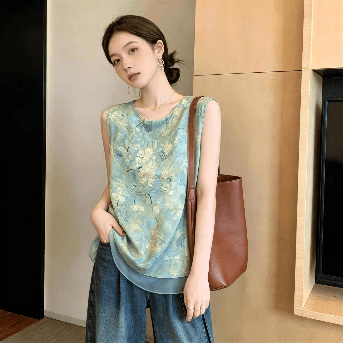 여름 새로운 새로운 중식 유화 프린트 민소매 조끼 라운드 넥 루즈핏 페이크 레이어드 실 인터넷 프로 피부 통기성 맨위 이미지 5