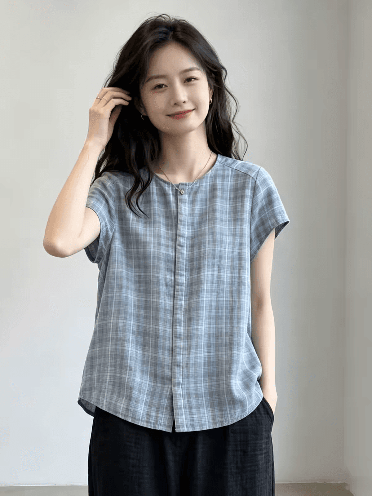 여름 드레스 느긋한 바람 느슨함 센스 고유 한 아름다운 레트로 체크무늬 캐주얼 반팔 여성 셔츠 그레이트 봐. 의류 상세 이미지 5