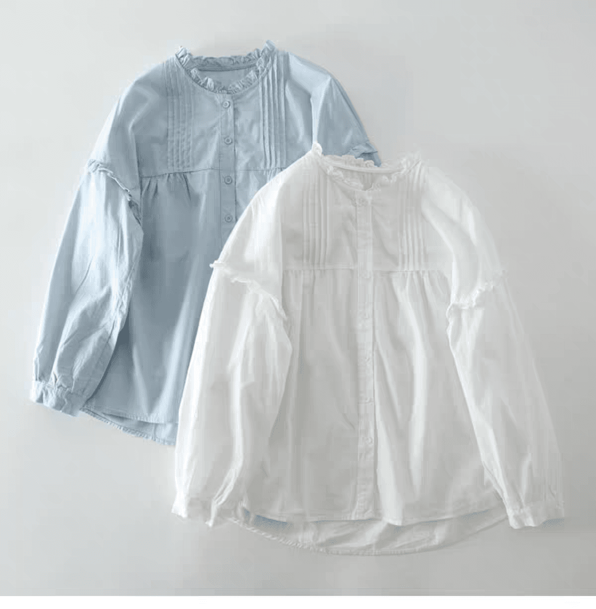 가을 의상 새로운 빅 사이즈 여성 의류 레트로 일본식 파란색 프릴 셔츠 루즈핏 품격 장기 Pleat 긴팔 맨위