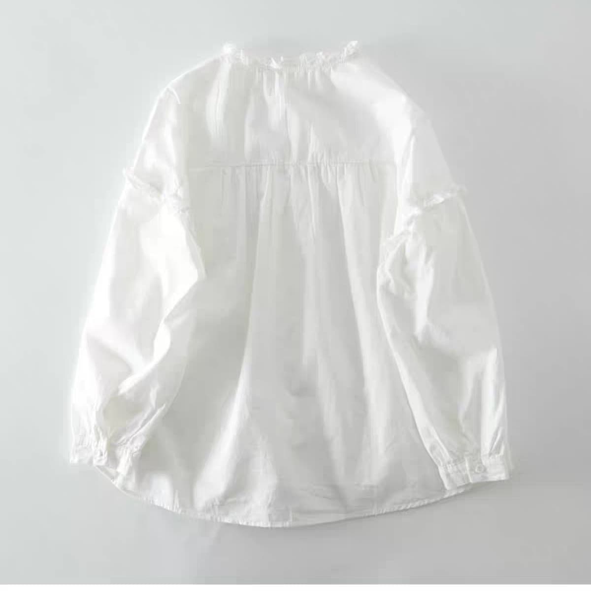 가을 의상 새로운 빅 사이즈 여성 의류 레트로 일본식 파란색 프릴 셔츠 루즈핏 품격 장기 Pleat 긴팔 맨위 이미지 5