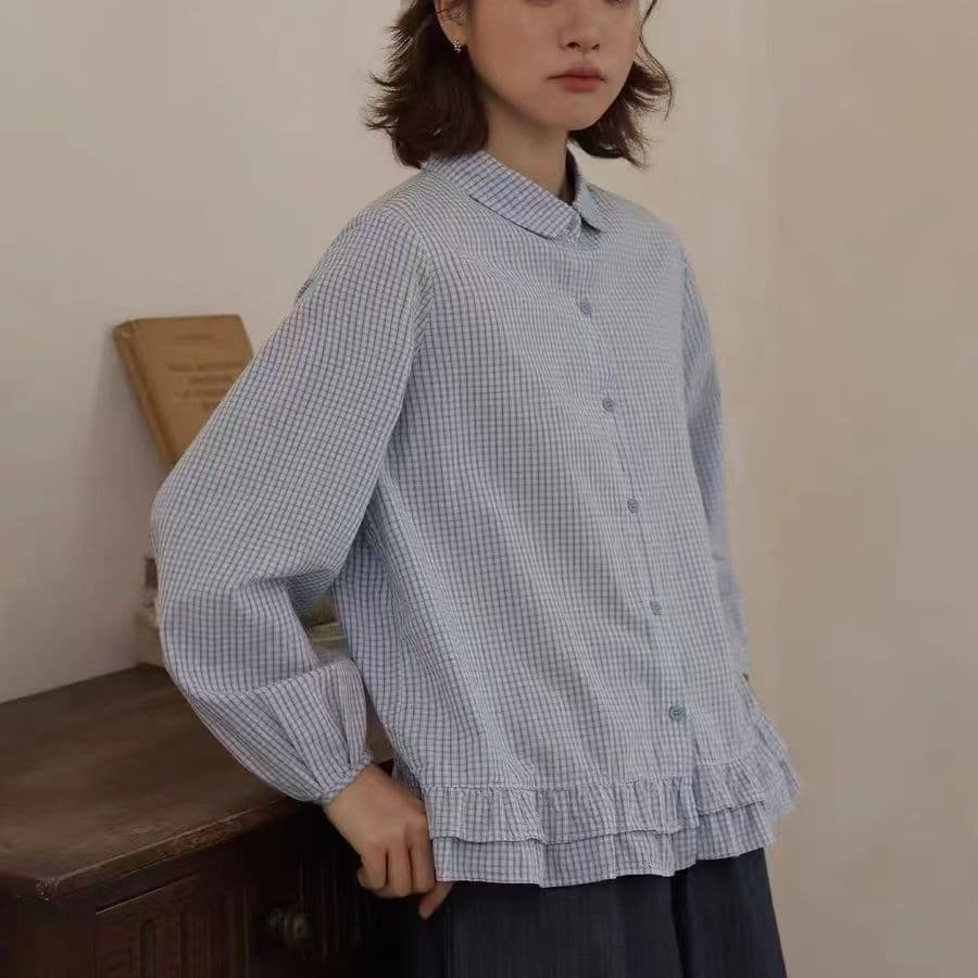 가을 의상 새로운 일본식 문예 레트로 폴로 칼라 긴팔 여성 셔츠 스택 착용 인사이드 가져 가라. 면 소재 맨위 작은 키 셔츠
