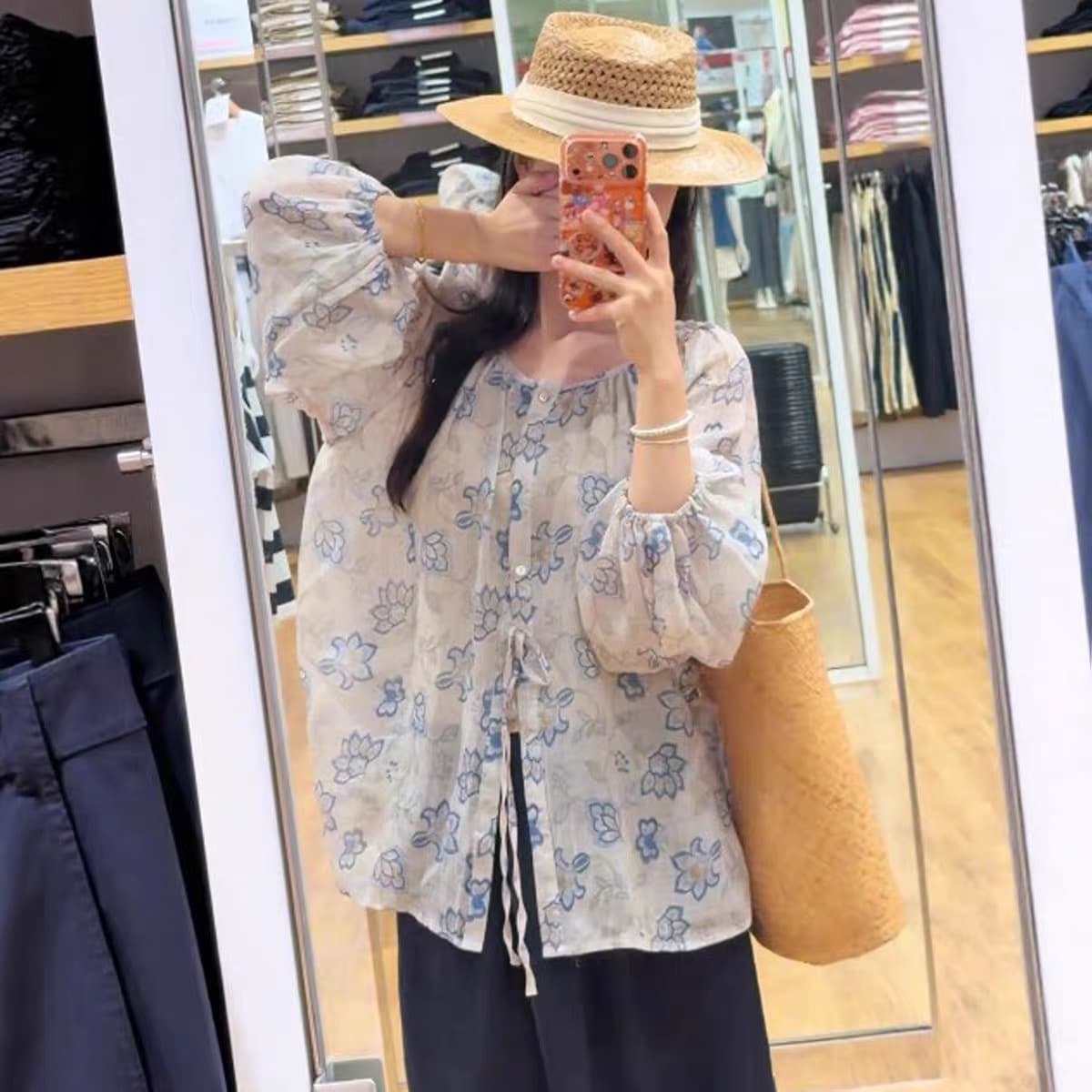 가을 의상 새로운 블루스 꽃무늬 인형 셔츠 여성 거품 소매 펌프 로프 셔츠 루즈핏 얇은 스타일 맨위 이미지 2