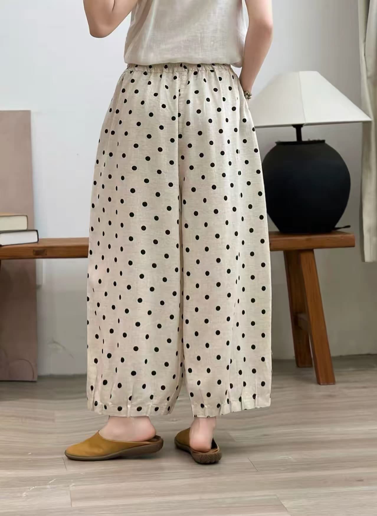 여름 드레스 새로운 면 린넨 와이드 레그 팬츠 문예 팬 빅 사이즈 루즈핏 캐주얼 도트 무늬 꽃무늬 다용도 9부 바지 미니멀리즘 섹션 상세 이미지 9