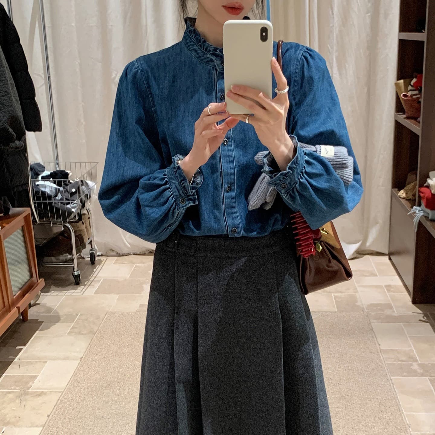 가을 의상 새로운 ynvn 한 부서 레이스 칼라 연삭 털 데님 셔츠 여성 의류 디자인 센스 작은 대중 긴팔 셔츠 이미지 5