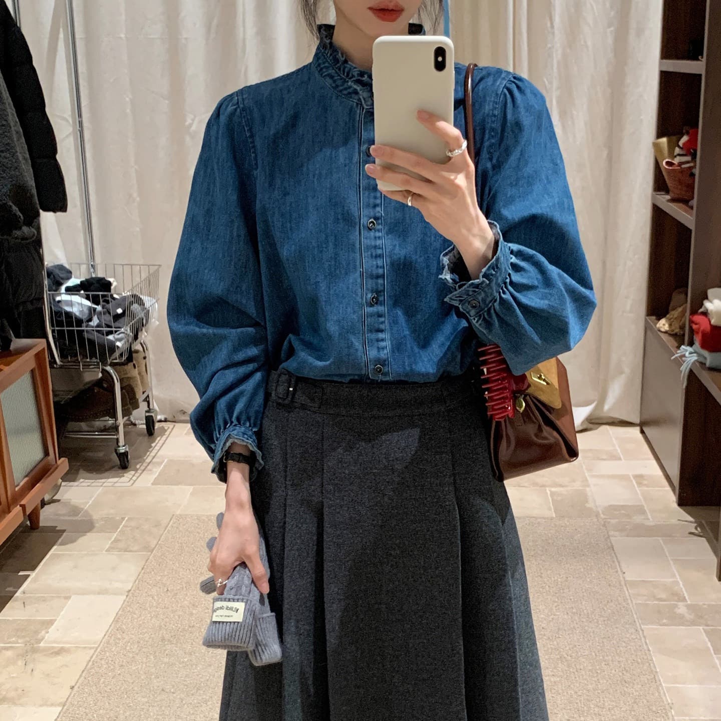 가을 의상 새로운 ynvn 한 부서 레이스 칼라 연삭 털 데님 셔츠 여성 의류 디자인 센스 작은 대중 긴팔 셔츠