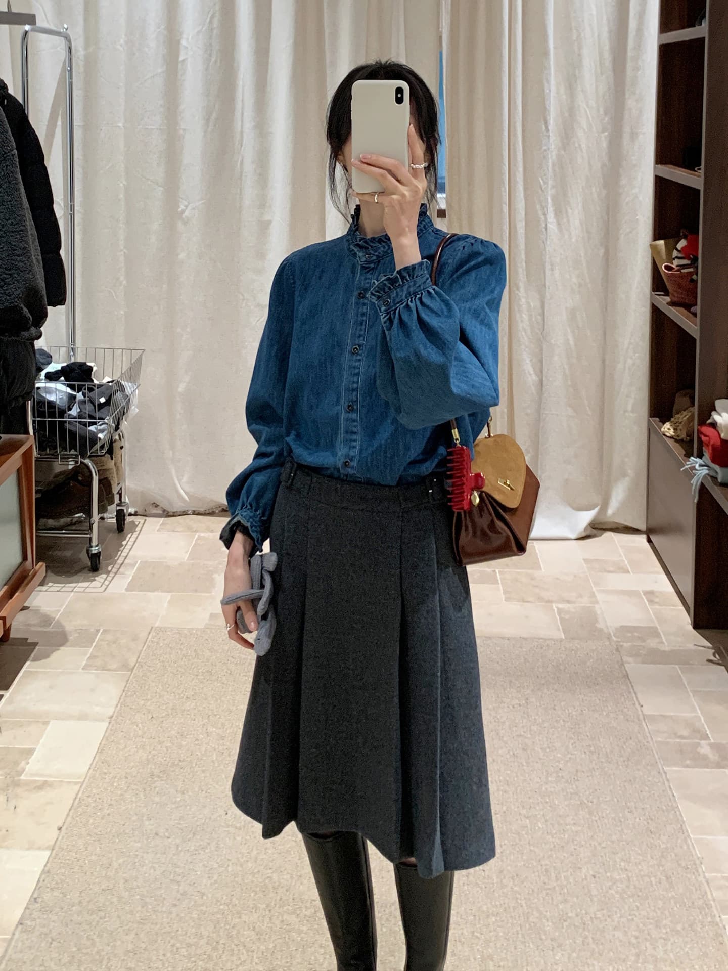 가을 의상 새로운 ynvn 한 부서 레이스 칼라 연삭 털 데님 셔츠 여성 의류 디자인 센스 작은 대중 긴팔 셔츠 상세 이미지 2