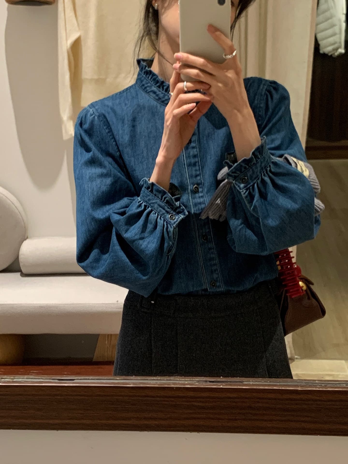 가을 의상 새로운 ynvn 한 부서 레이스 칼라 연삭 털 데님 셔츠 여성 의류 디자인 센스 작은 대중 긴팔 셔츠 상세 이미지 5