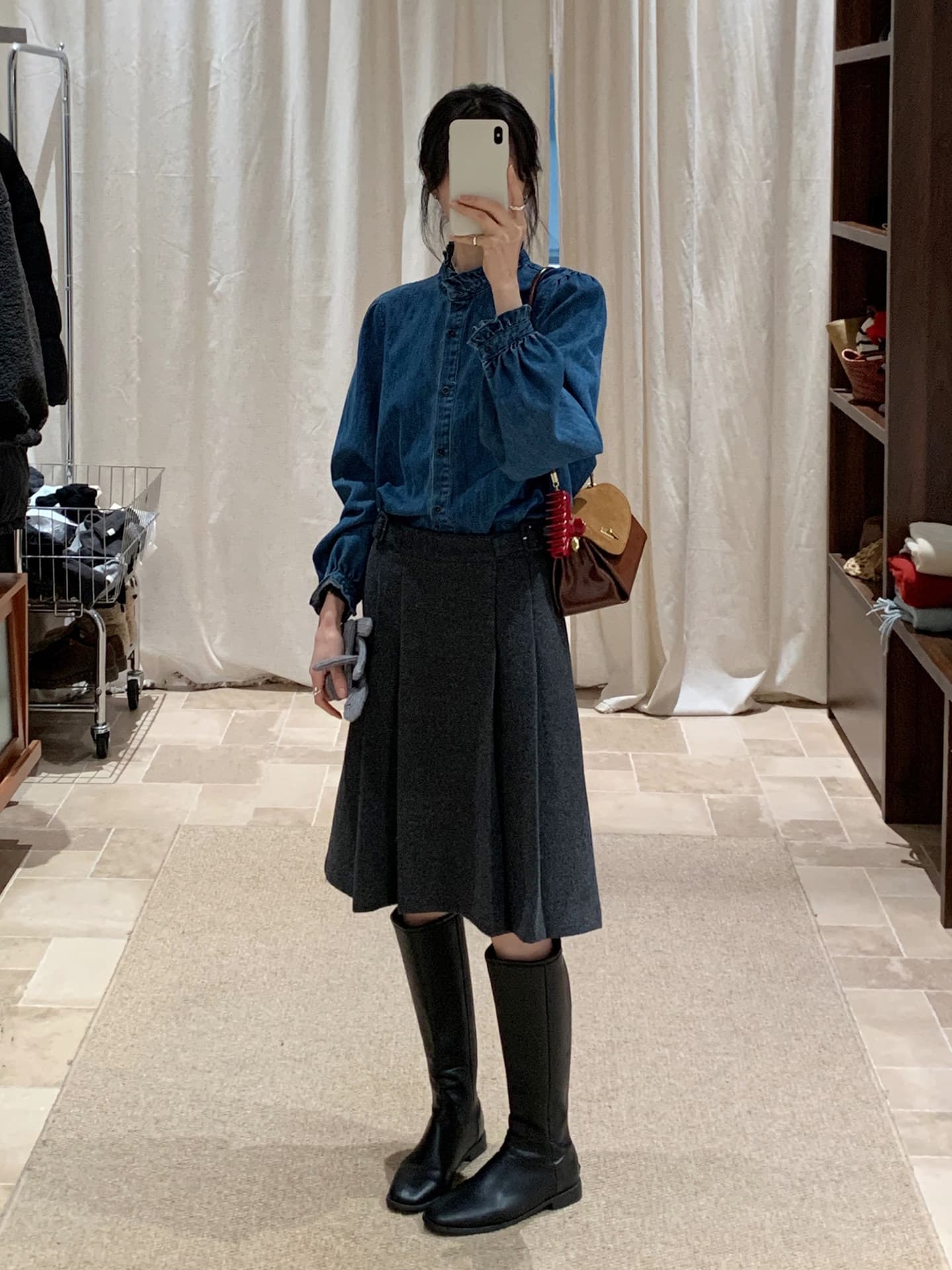 가을 의상 새로운 ynvn 한 부서 레이스 칼라 연삭 털 데님 셔츠 여성 의류 디자인 센스 작은 대중 긴팔 셔츠 상세 이미지 6
