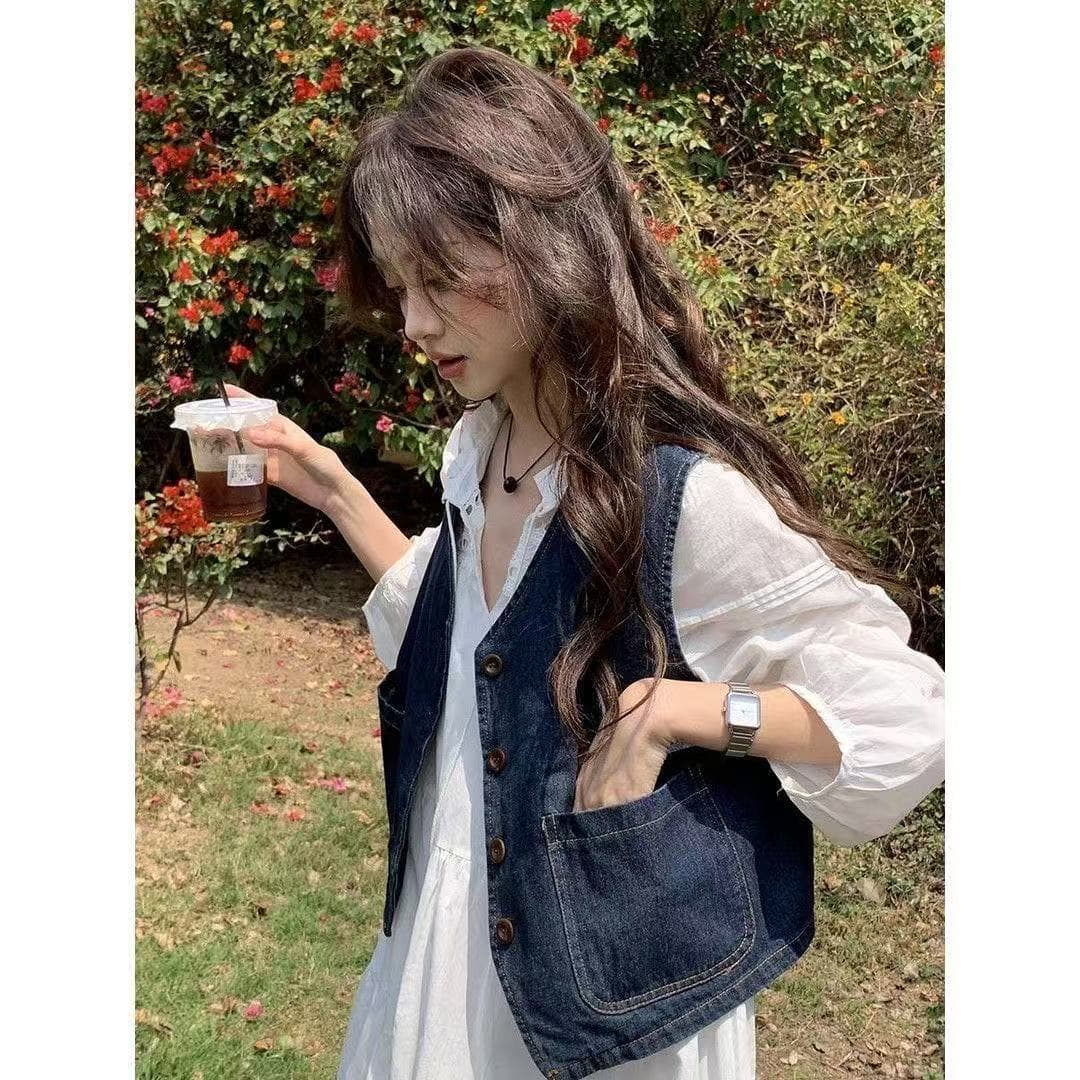 가을 의상 새로운 데님 베스트 블라우스 스택 착용 조끼 품격 워크웨어 어깨 조끼 재킷 상세 이미지 2