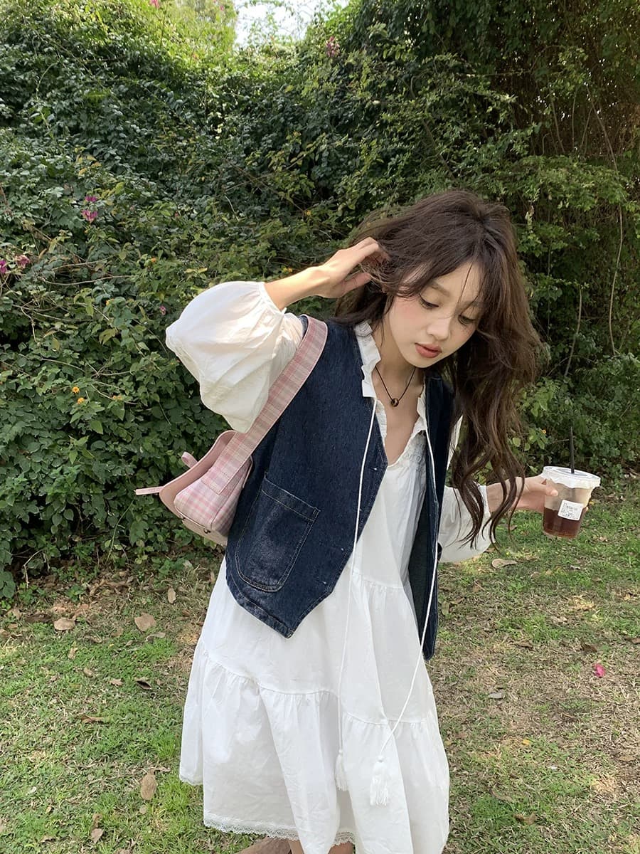 가을 의상 새로운 데님 베스트 블라우스 스택 착용 조끼 품격 워크웨어 어깨 조끼 재킷 상세 이미지 5