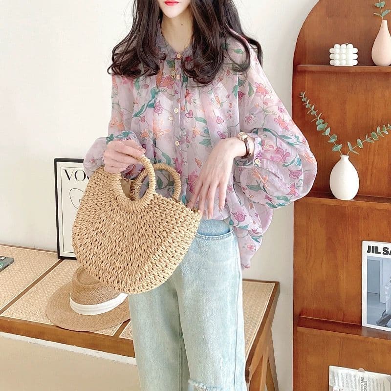 가을 의상 새로운 쉬폰 톱 루즈핏 패션 슬림해 보이는 블라우스 Tulle 랜턴 꽃무늬 긴팔 자외선 차단 외출용