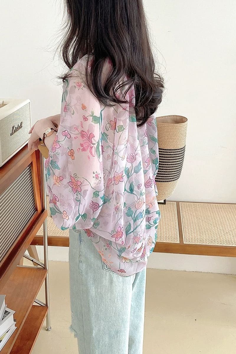 가을 의상 새로운 쉬폰 톱 루즈핏 패션 슬림해 보이는 블라우스 Tulle 랜턴 꽃무늬 긴팔 자외선 차단 외출용 이미지 6
