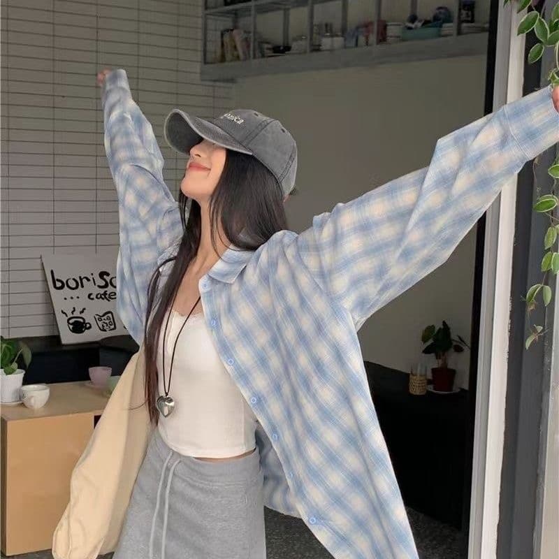 가을 의상 새로운 파란색 체크무늬 자외선 차단 셔츠 느긋한 캐주얼 루즈핏 긴팔 다용도 셔츠 디자인 맨위 재킷 이미지 3