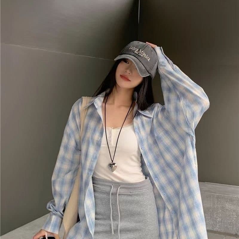 가을 의상 새로운 파란색 체크무늬 자외선 차단 셔츠 느긋한 캐주얼 루즈핏 긴팔 다용도 셔츠 디자인 맨위 재킷 이미지 4