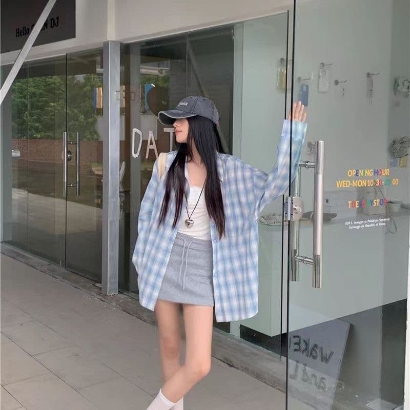 가을 의상 새로운 파란색 체크무늬 자외선 차단 셔츠 느긋한 캐주얼 루즈핏 긴팔 다용도 셔츠 디자인 맨위 재킷 이미지 2
