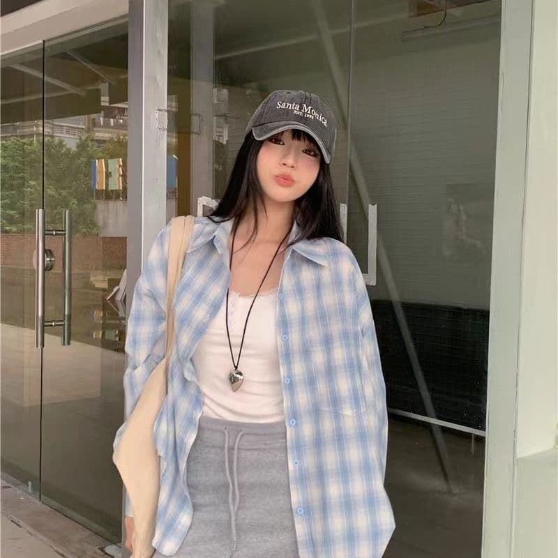 가을 의상 새로운 파란색 체크무늬 자외선 차단 셔츠 느긋한 캐주얼 루즈핏 긴팔 다용도 셔츠 디자인 맨위 재킷 상세 이미지 10