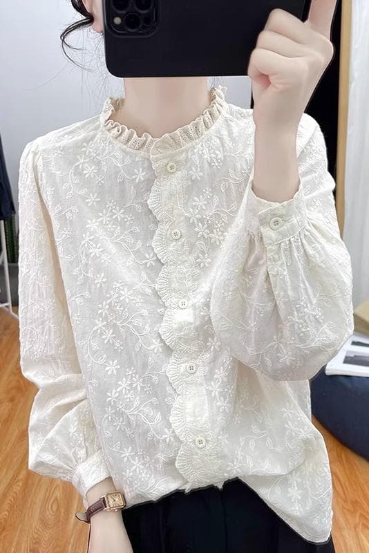 가을 의상 새로운 한국 순면 레이스 칼라 레이스 자수 긴팔 셔츠 여성 셔츠 패션 셔츠 이미지 4