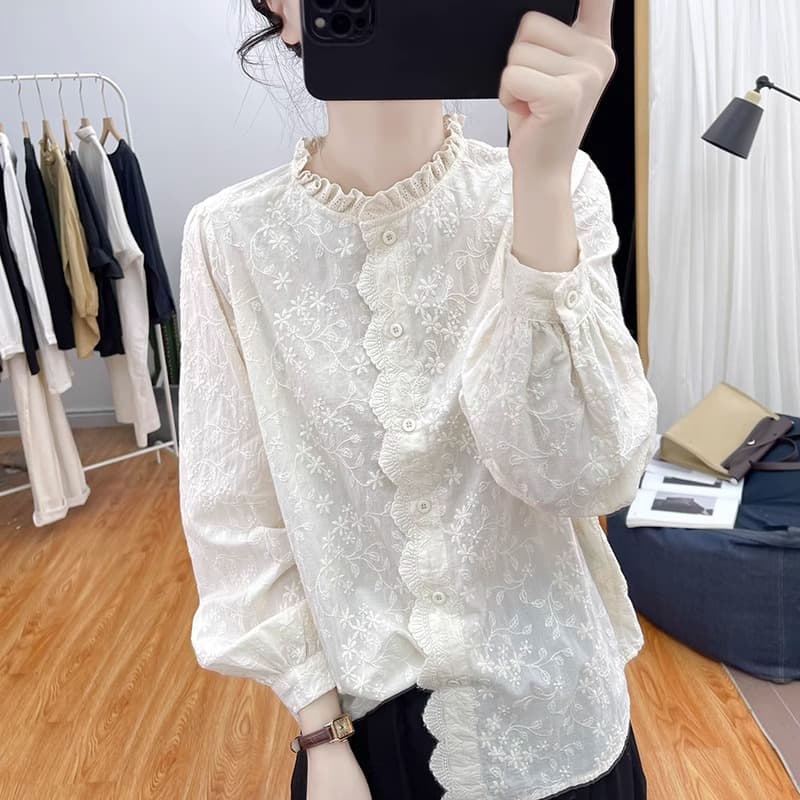 가을 의상 새로운 한국 순면 레이스 칼라 레이스 자수 긴팔 셔츠 여성 셔츠 패션 셔츠 이미지 5