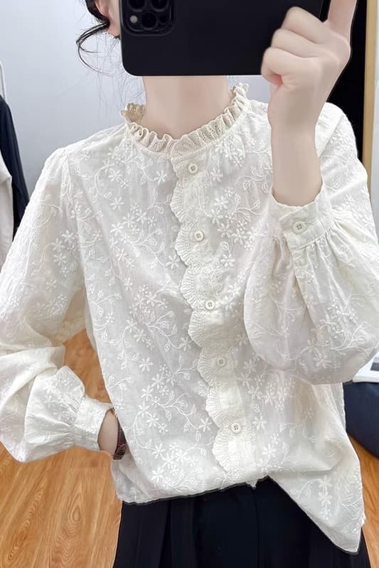 가을 의상 새로운 한국 순면 레이스 칼라 레이스 자수 긴팔 셔츠 여성 셔츠 패션 셔츠 이미지 6