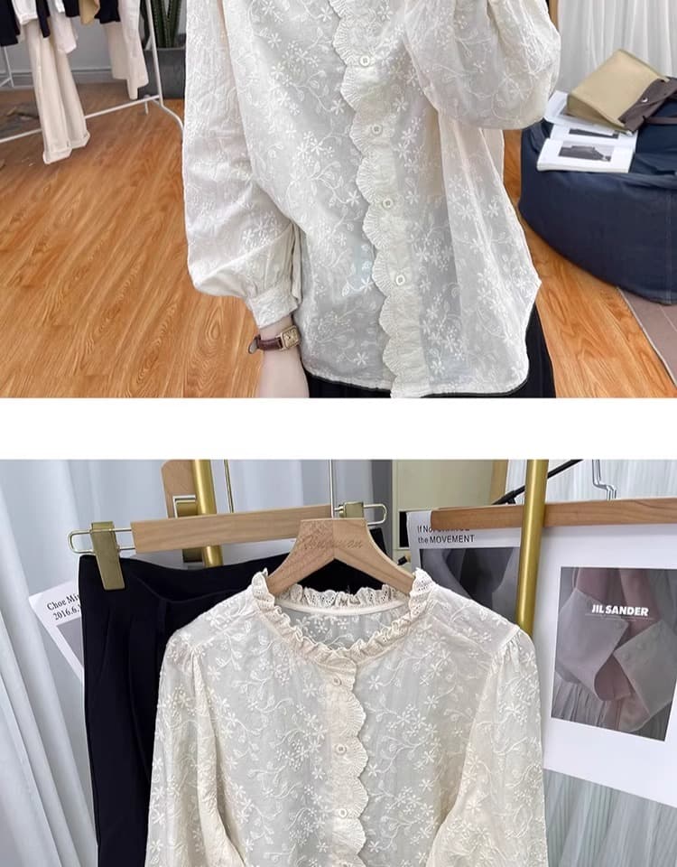 가을 의상 새로운 한국 순면 레이스 칼라 레이스 자수 긴팔 셔츠 여성 셔츠 패션 셔츠 상세 이미지 8