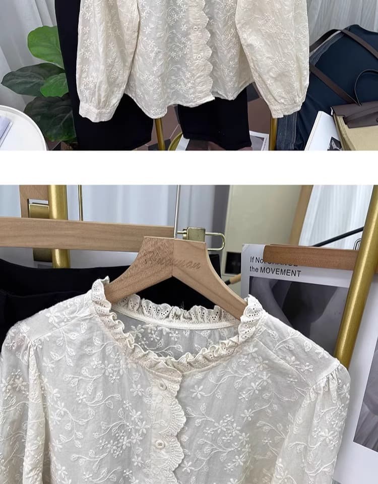 가을 의상 새로운 한국 순면 레이스 칼라 레이스 자수 긴팔 셔츠 여성 셔츠 패션 셔츠 상세 이미지 9