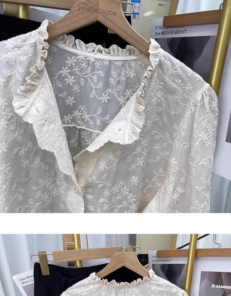 가을 의상 새로운 한국 순면 레이스 칼라 레이스 자수 긴팔 셔츠 여성 셔츠 패션 셔츠 상세 이미지 12