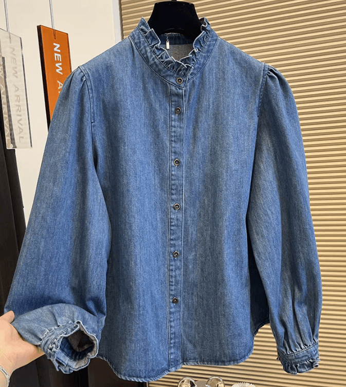 가을 의상 새로운 ynvn 한 부서 레이스 칼라 연삭 털 데님 셔츠 여성 의류 디자인 센스 작은 대중 긴팔 셔츠 상세 이미지 2