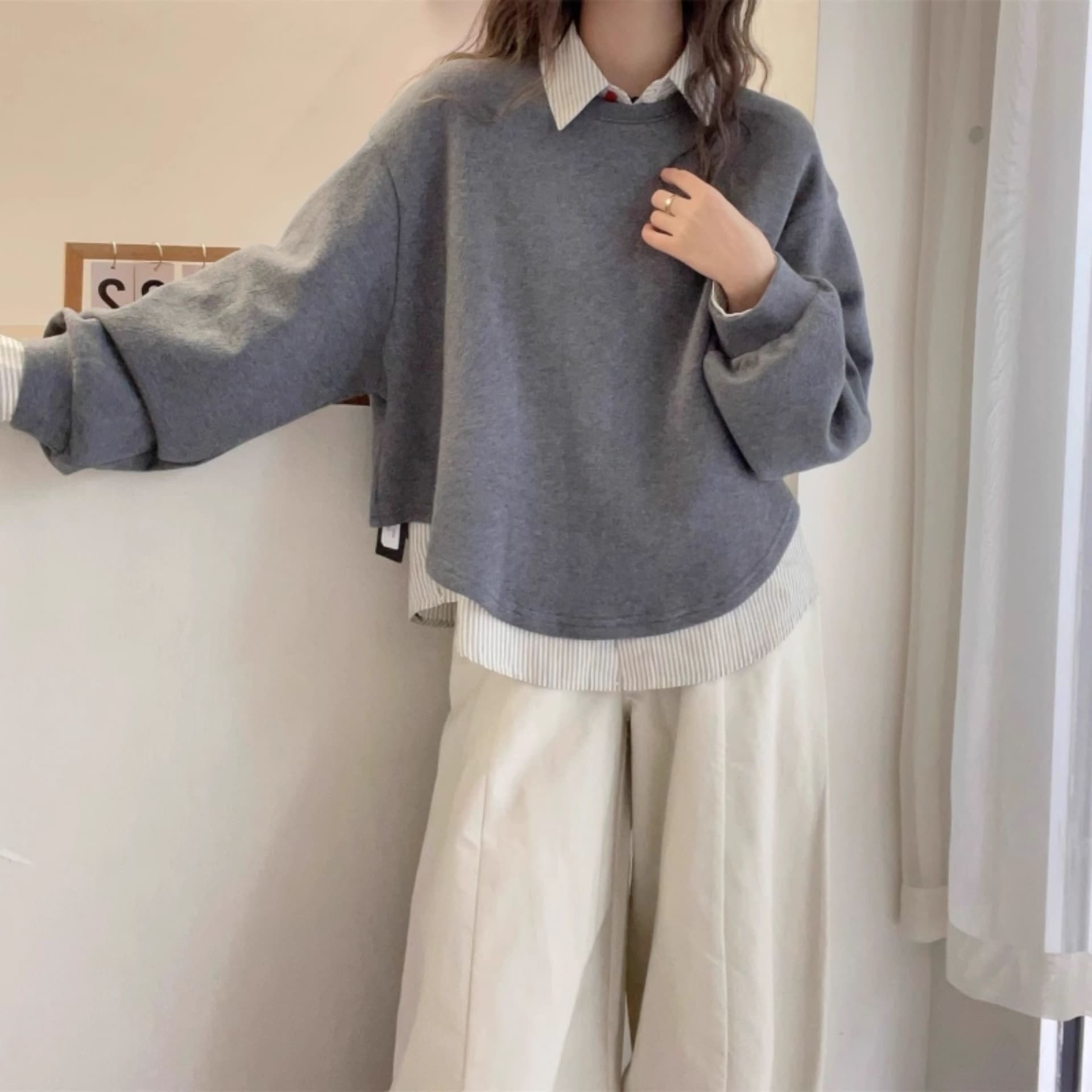 가을 의상 새로운 후드티 페이크 레이어드 후드티 여성 chic 착용 가져 가라. 빅 사이즈 지방 mm 슬림해 보이는 긍정적 인 어깨 의류 이미지 2