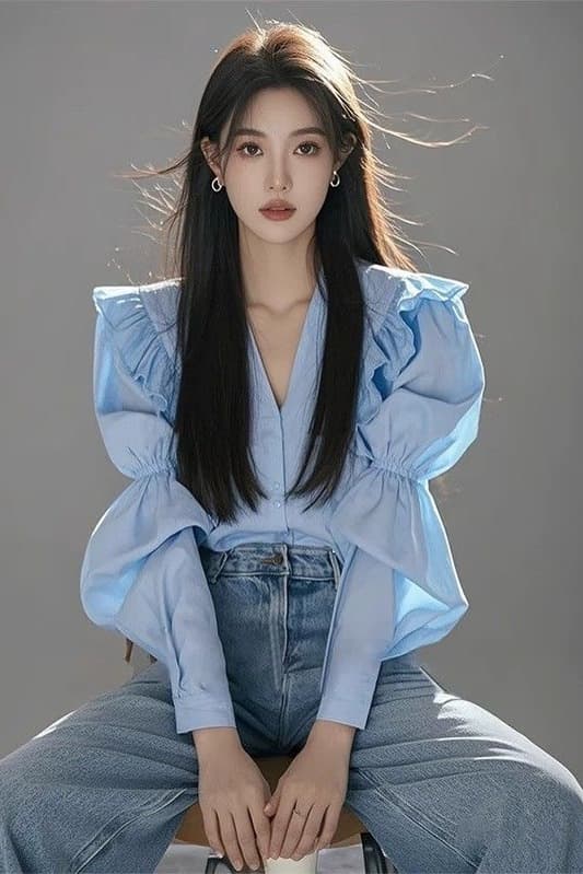 가을 의상 새로운 프랑스식 파란색 V넥 긴팔 여성 셔츠 고유 한 아름다운 작은 셔츠 디자인 센스 루즈핏 긴팔 맨위 이미지 6