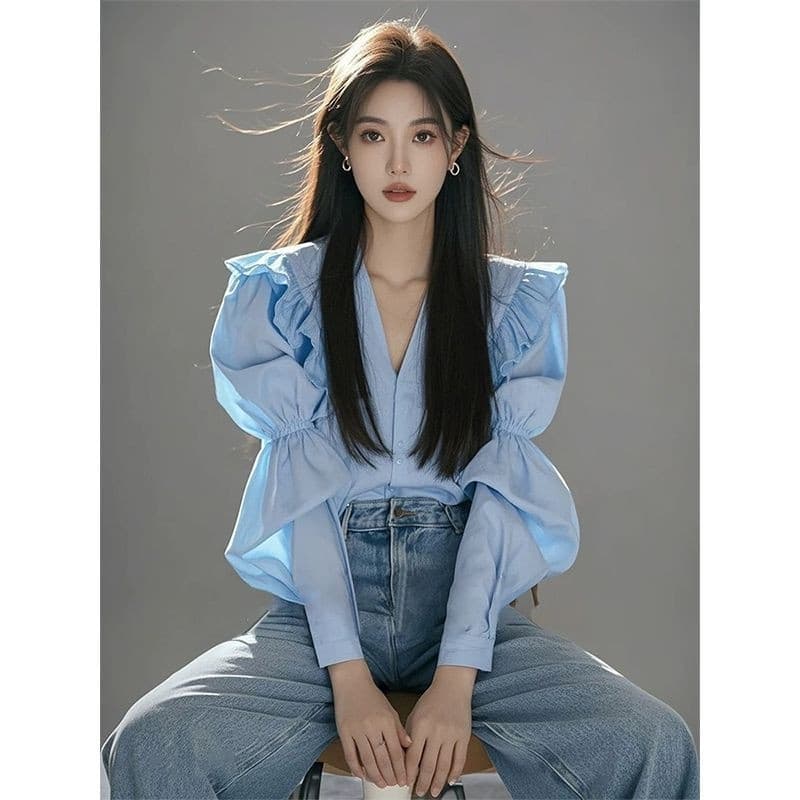 가을 의상 새로운 프랑스식 파란색 V넥 긴팔 여성 셔츠 고유 한 아름다운 작은 셔츠 디자인 센스 루즈핏 긴팔 맨위 상세 이미지 3