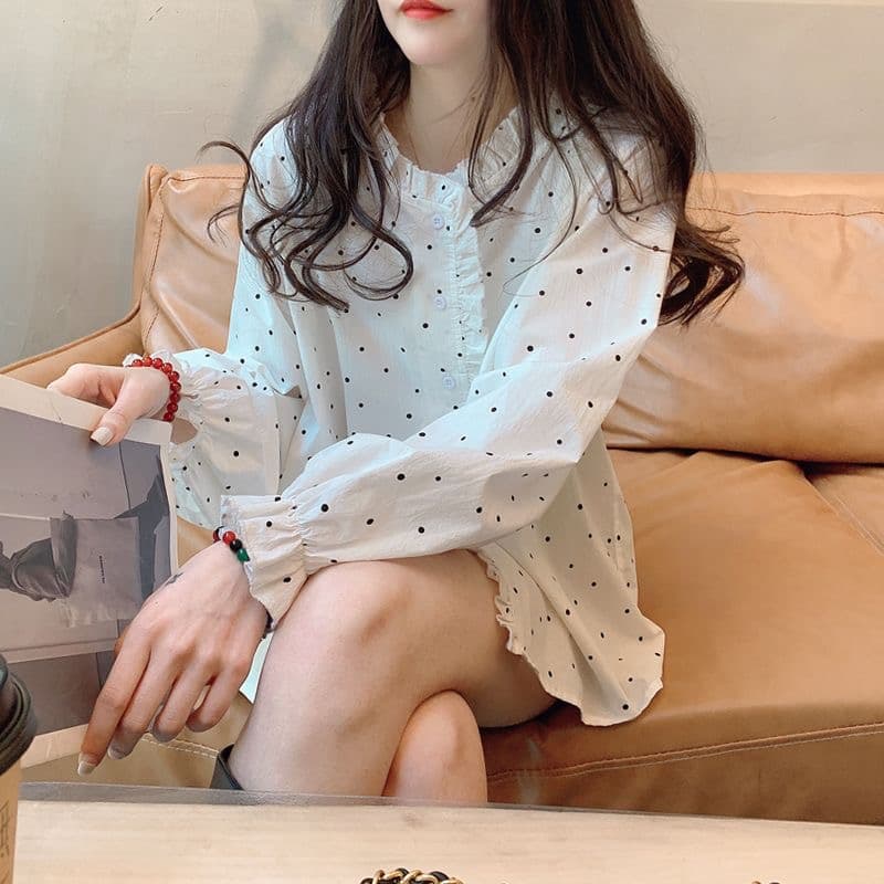 가을 의상 새로운 흰색 배경 작은 점들 셔츠 디자인 센스 작은 대중 한 스타일 출퇴근 달콤함 목이버섯 레이스 긴팔 맨위 상세 이미지 6