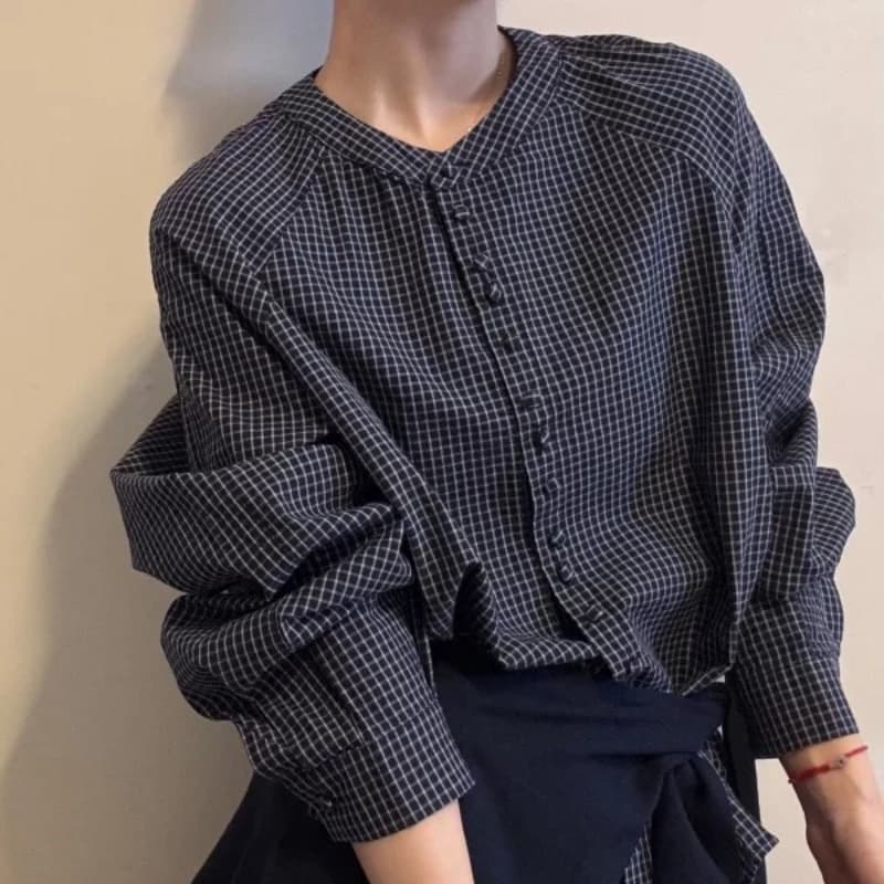 가을 의상 새로운 프랑스식 레트로 체크무늬 숄 긴팔 셔츠 여성 레저 품격 셔츠 루즈핏 맨위 이미지 5