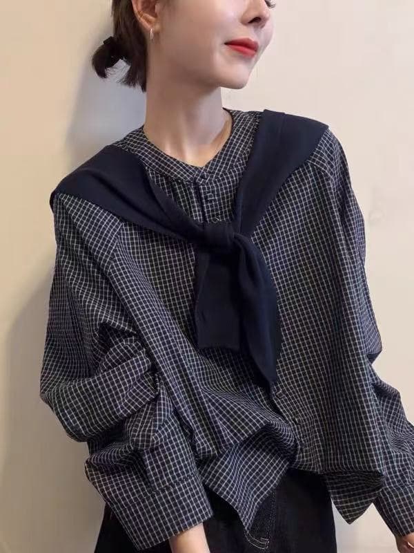 가을 의상 새로운 프랑스식 레트로 체크무늬 숄 긴팔 셔츠 여성 레저 품격 셔츠 루즈핏 맨위 상세 이미지 8