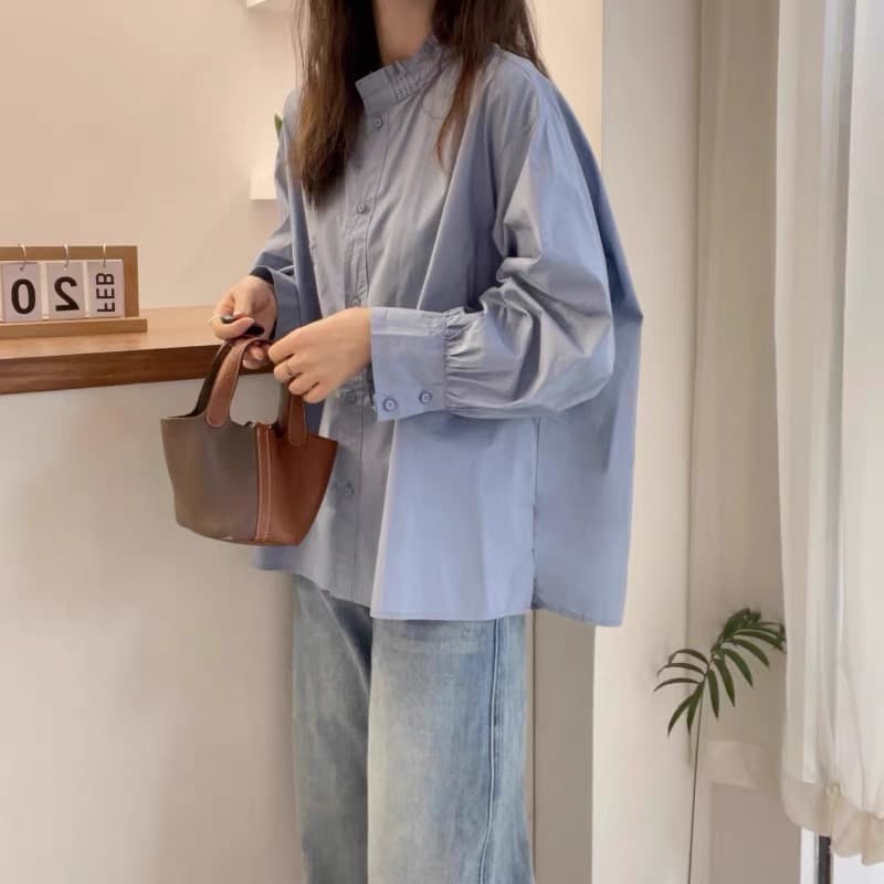 가을 의상 새로운 고급 센스 서리가 내린 부서 파란색 셔츠 지방 mm 슬림해 보이는 표지 배 프릴 품격 고유 한 맨위 이미지 3
