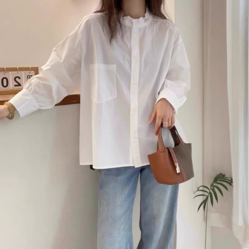 가을 의상 새로운 고급 센스 서리가 내린 부서 파란색 셔츠 지방 mm 슬림해 보이는 표지 배 프릴 품격 고유 한 맨위 이미지 2