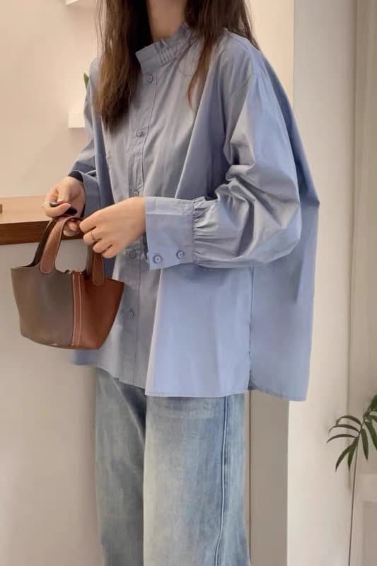 가을 의상 새로운 고급 센스 서리가 내린 부서 파란색 셔츠 지방 mm 슬림해 보이는 표지 배 프릴 품격 고유 한 맨위 이미지 6