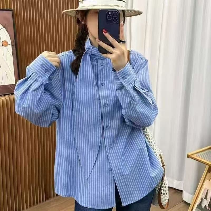 가을 의상 새로운 빅 사이즈 한국 고급 센스 파란색 스트라이프 셔츠 여성 긴 소매 루즈핏 외국 가스 슈퍼 잘 생긴 맨위 트렌디 이미지 5