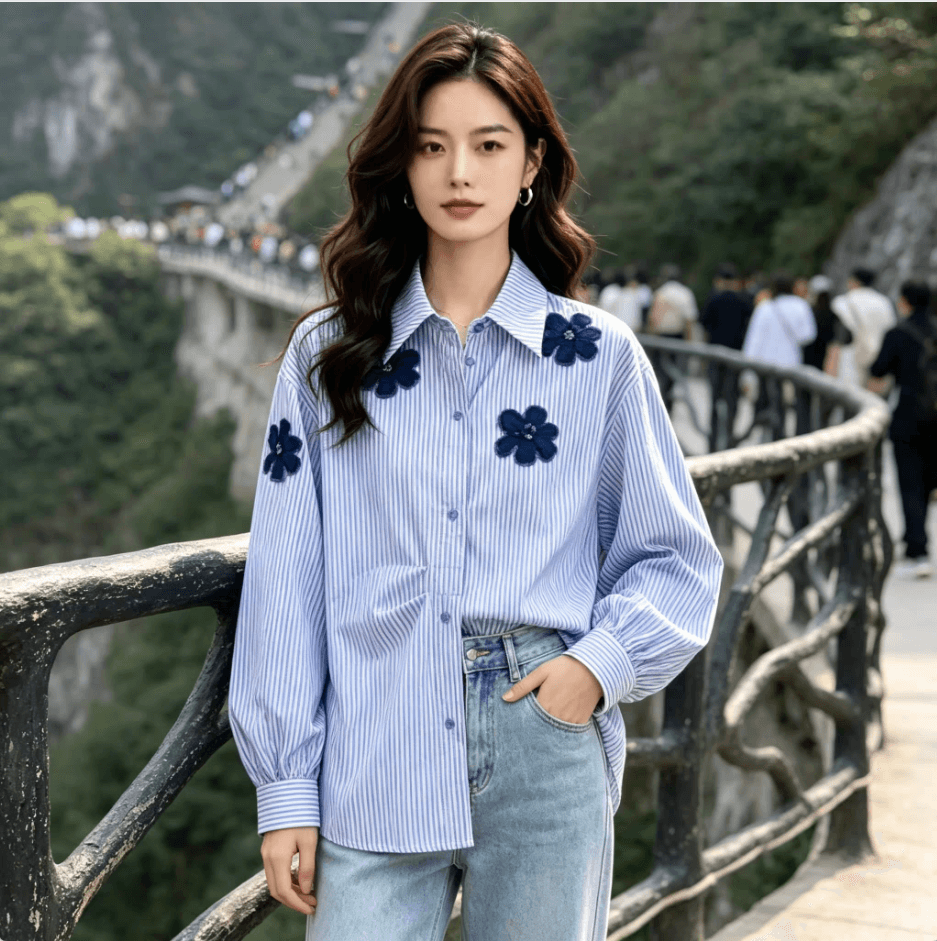 가을 의상 새로운 슈퍼 잘 생긴 파란색 스트라이프 여성 셔츠 빛 럭셔리 고급 센스 루즈핏 품격 꽃 자수 맨위