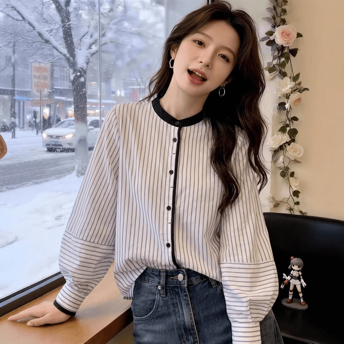 가을 의상 새로운 고유 한 슈퍼 잘 생긴 맨위 라운드 넥 랜턴 긴팔 스트라이프 셔츠 고급 센스 한 부서 품격 작은 셔츠 이미지 5