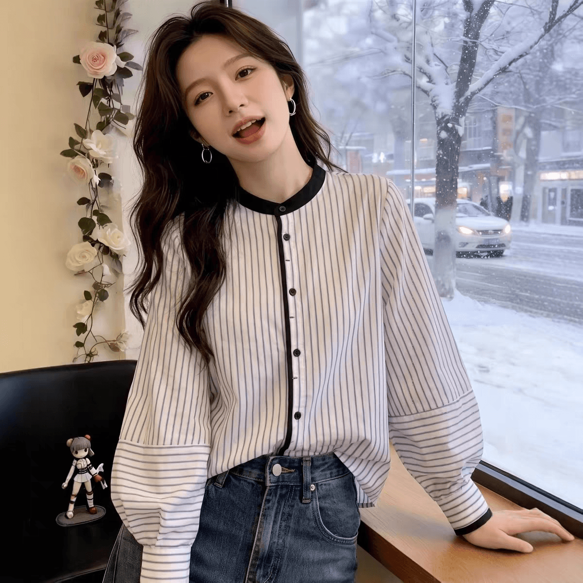가을 의상 새로운 고유 한 슈퍼 잘 생긴 맨위 라운드 넥 랜턴 긴팔 스트라이프 셔츠 고급 센스 한 부서 품격 작은 셔츠 상세 이미지 6