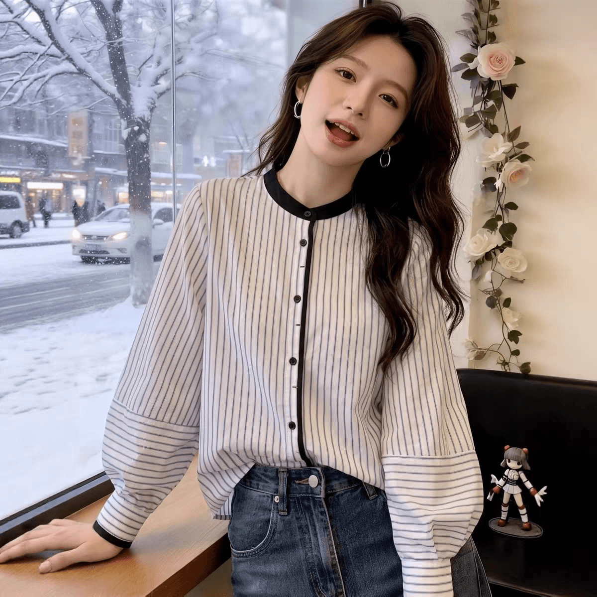 가을 의상 새로운 고유 한 슈퍼 잘 생긴 맨위 라운드 넥 랜턴 긴팔 스트라이프 셔츠 고급 센스 한 부서 품격 작은 셔츠 상세 이미지 7