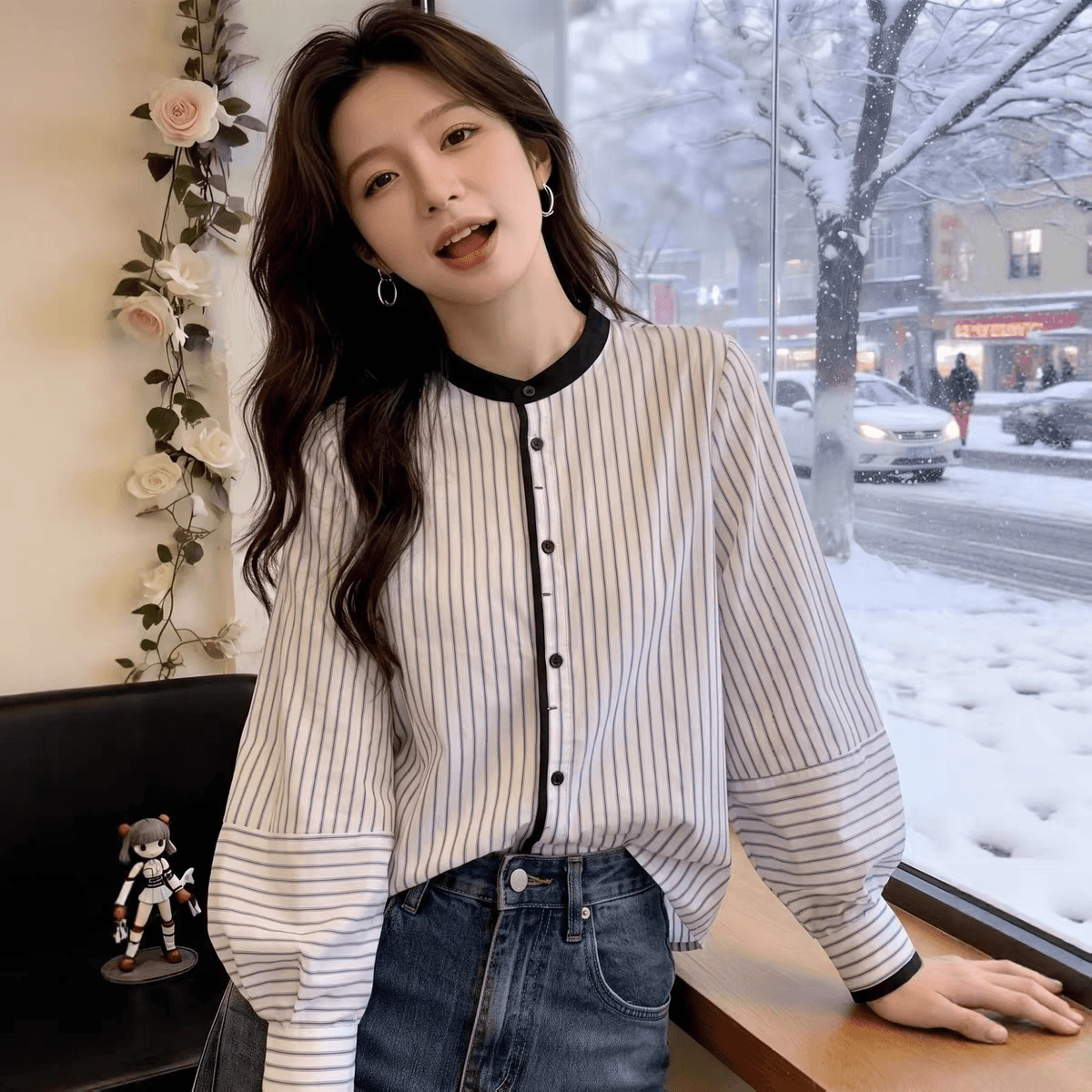 가을 의상 새로운 고유 한 슈퍼 잘 생긴 맨위 라운드 넥 랜턴 긴팔 스트라이프 셔츠 고급 센스 한 부서 품격 작은 셔츠 상세 이미지 9