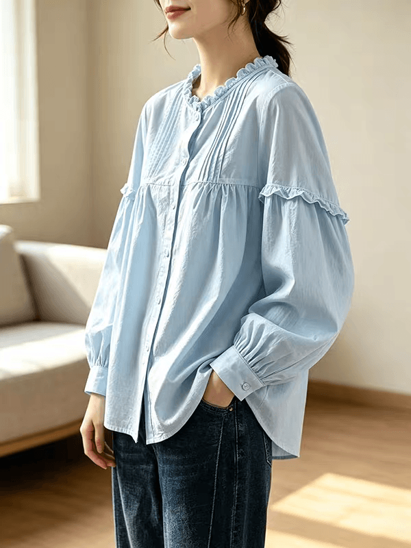 가을 의상 새로운 빅 사이즈 여성 의류 레트로 일본식 파란색 프릴 셔츠 루즈핏 품격 장기 Pleat 긴팔 맨위 이미지 2