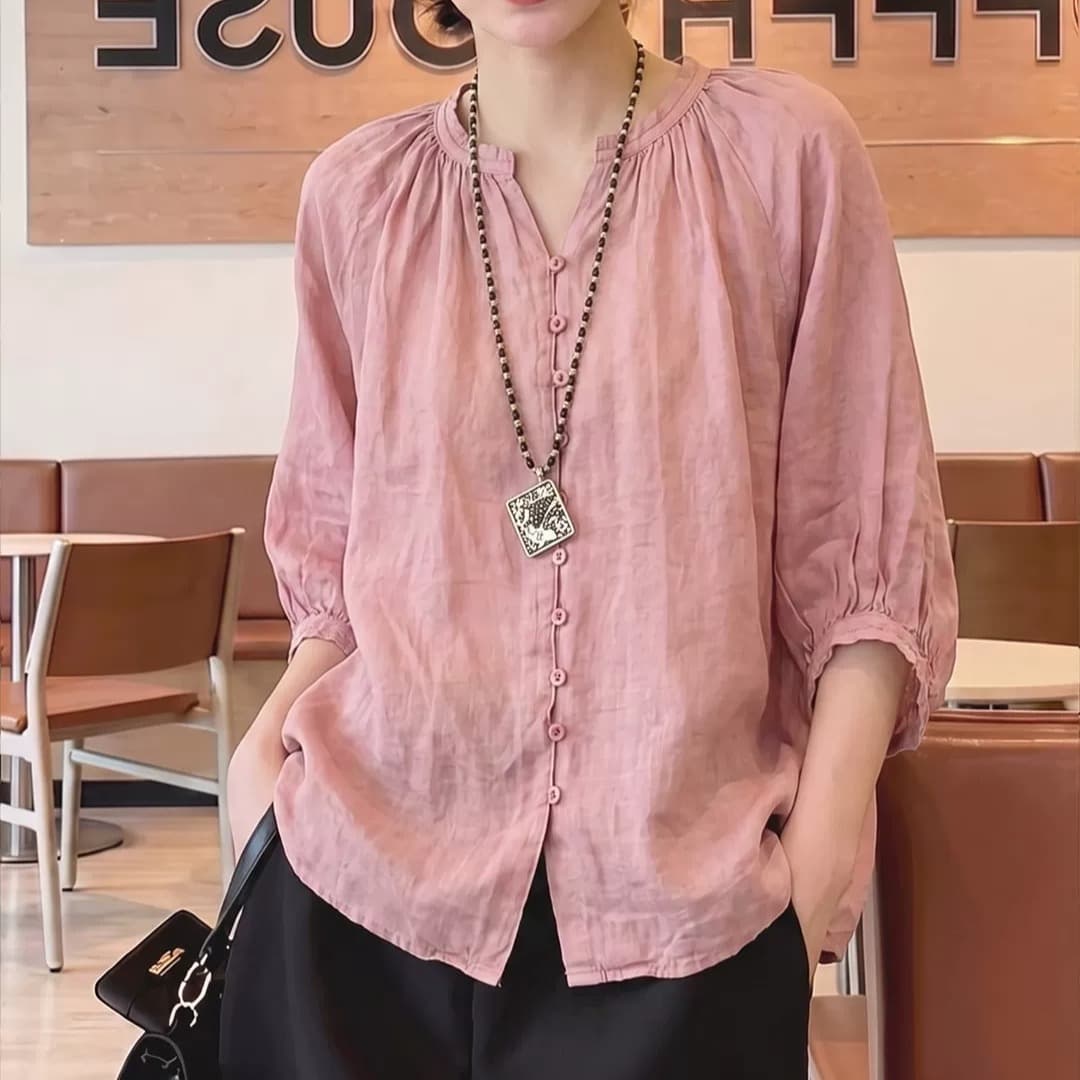 가을 의상 새로운 빅 사이즈 여성 의류 프랑스식 패션 문예 셔츠 단색 다용도 캐주얼 통기성 아마 맨위 이미지 5