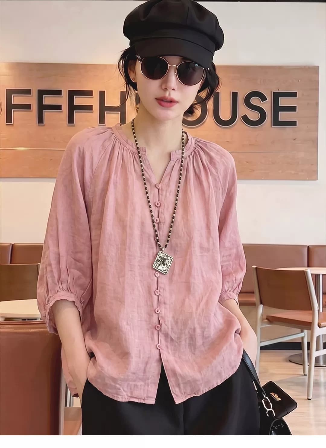 가을 의상 새로운 빅 사이즈 여성 의류 프랑스식 패션 문예 셔츠 단색 다용도 캐주얼 통기성 아마 맨위 상세 이미지 7