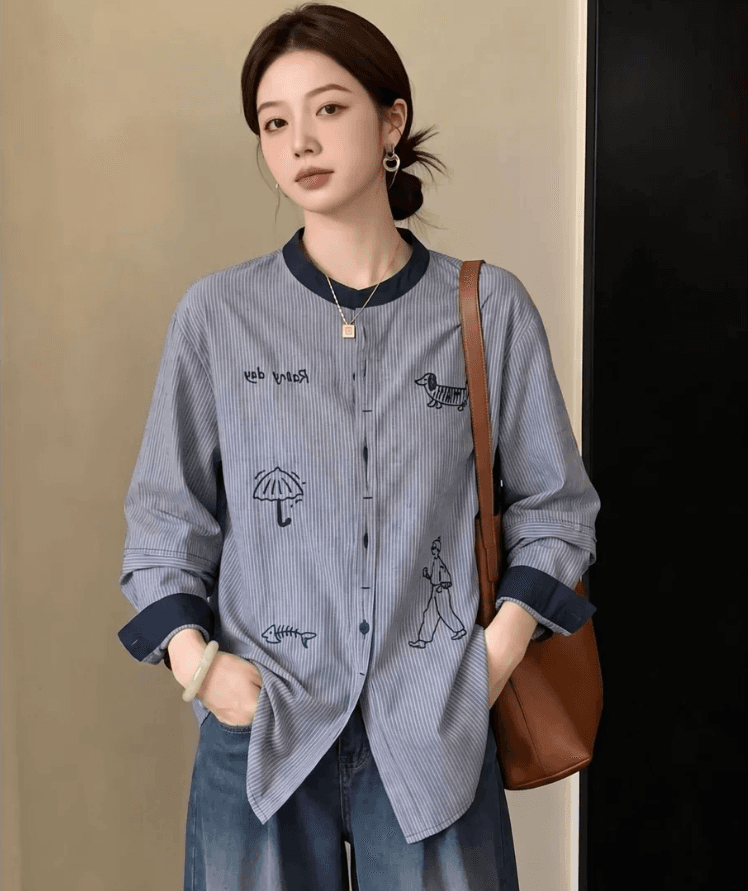가을 의상 새로운 유럽 역 유럽 상품 낙서 자수 수직 기사 라운드 넥 여성 셔츠 루즈핏 셔츠 맨위 상세 이미지 2